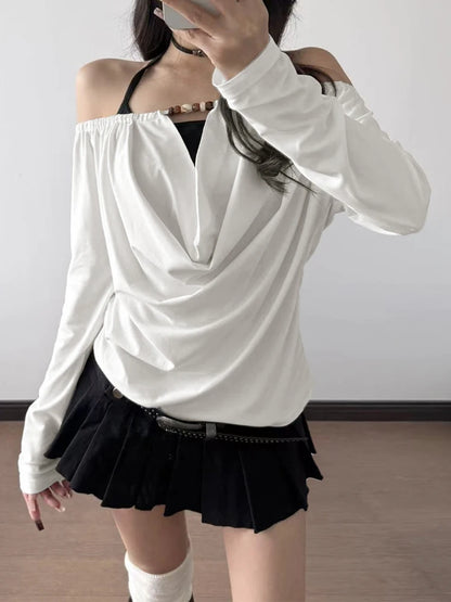 2025 Autumn Winter Women Korean Fake Two Pieces Slash Neck Top 2000s Long Sleeve T-Shirt Kpop Tees Y2k Design Coquette Gyaru New.