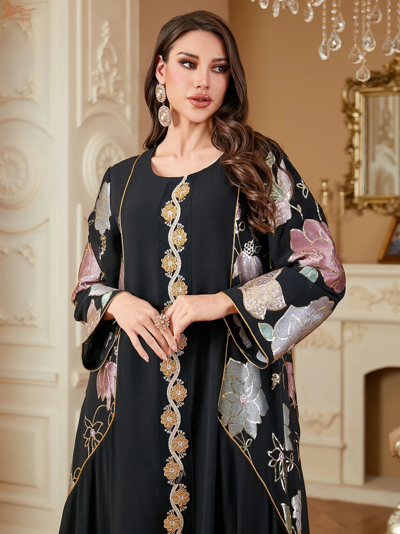 Uni Muslim Embroidery Petal Sleeve Dresses Women's Jalabiya Ramadan Moroccan Dubai Fashion Kebaya Casual Loose Abayas 2025.