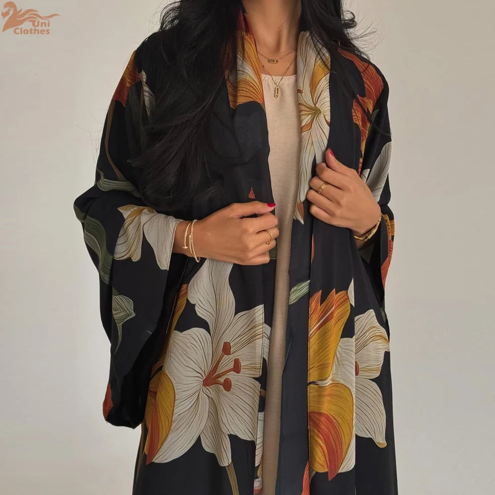 Uni Dubai Fashion Floral Print Open Abaya Muslim Elegant Cardigan With Hijab Scarf 2025 Feminine Clothes.