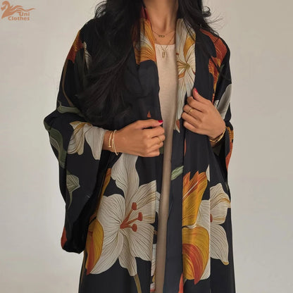Uni Dubai Fashion Floral Print Open Abaya Muslim Elegant Cardigan With Hijab Scarf 2025 Feminine Clothes.