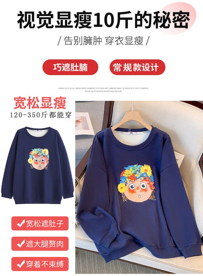 150kg plus size Damen büste Herbst Winter lose Rundhals ausschnitt Fleece warmes Sweatshirt bedrucktes Oberteil blau 5xl 6xl 7xl 8xl 9xl.