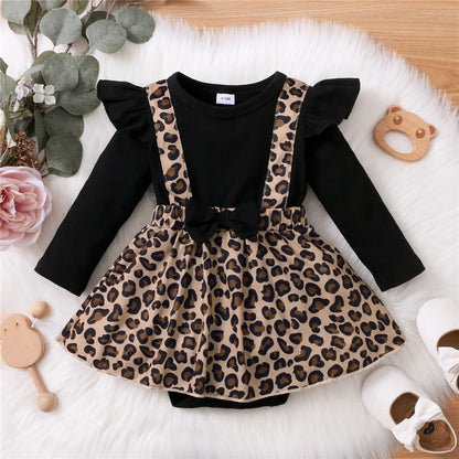 Neugeborene Stram pler Kleid Langarm Leopard Kleider mit Schleife Frühling & Herbst Stram pler Kleidung für Kleinkinder 0-18 Monate.