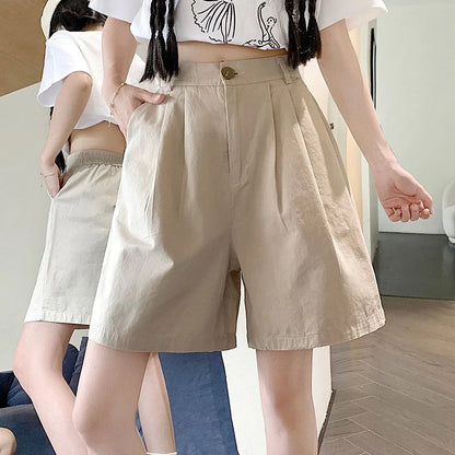 2025 Summer Women Casual Daily Khaki Short Pants Female High Waisted Cargo Shorts Girls Retro Baggy Wide Leg Slacks.