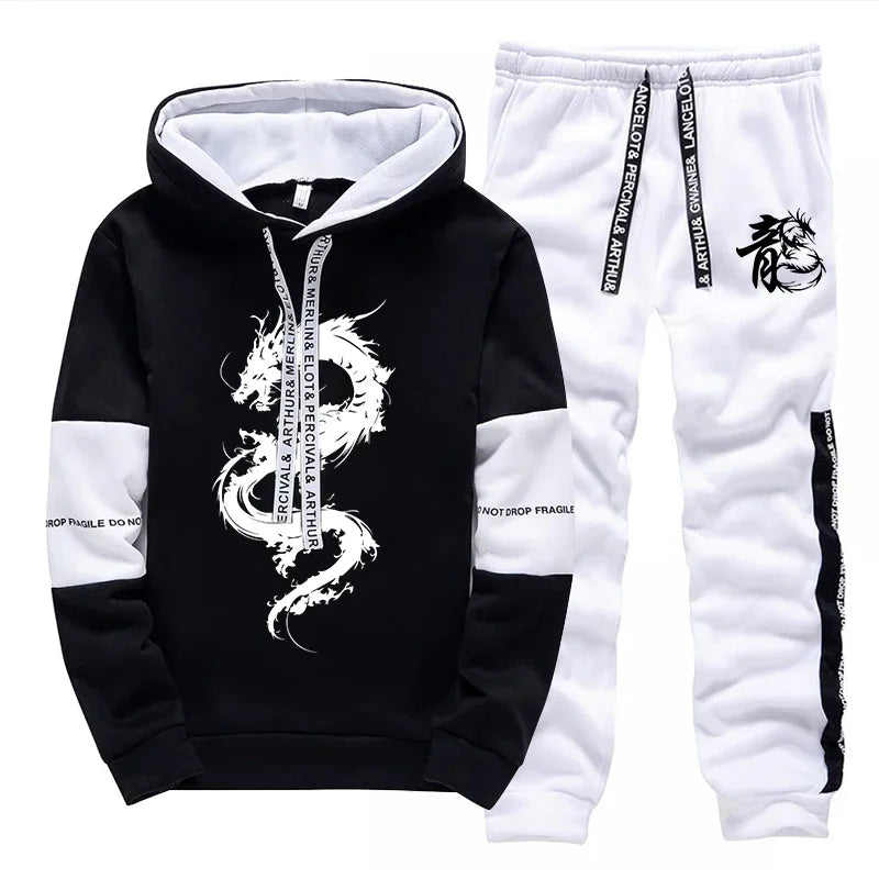 Men's Hooded Sweatshirt Sweatpants 2pcs Set Urban Casual Fashion Hoodie Outfits Dragon Printed Pullover Male Sporty Jogger Suit.