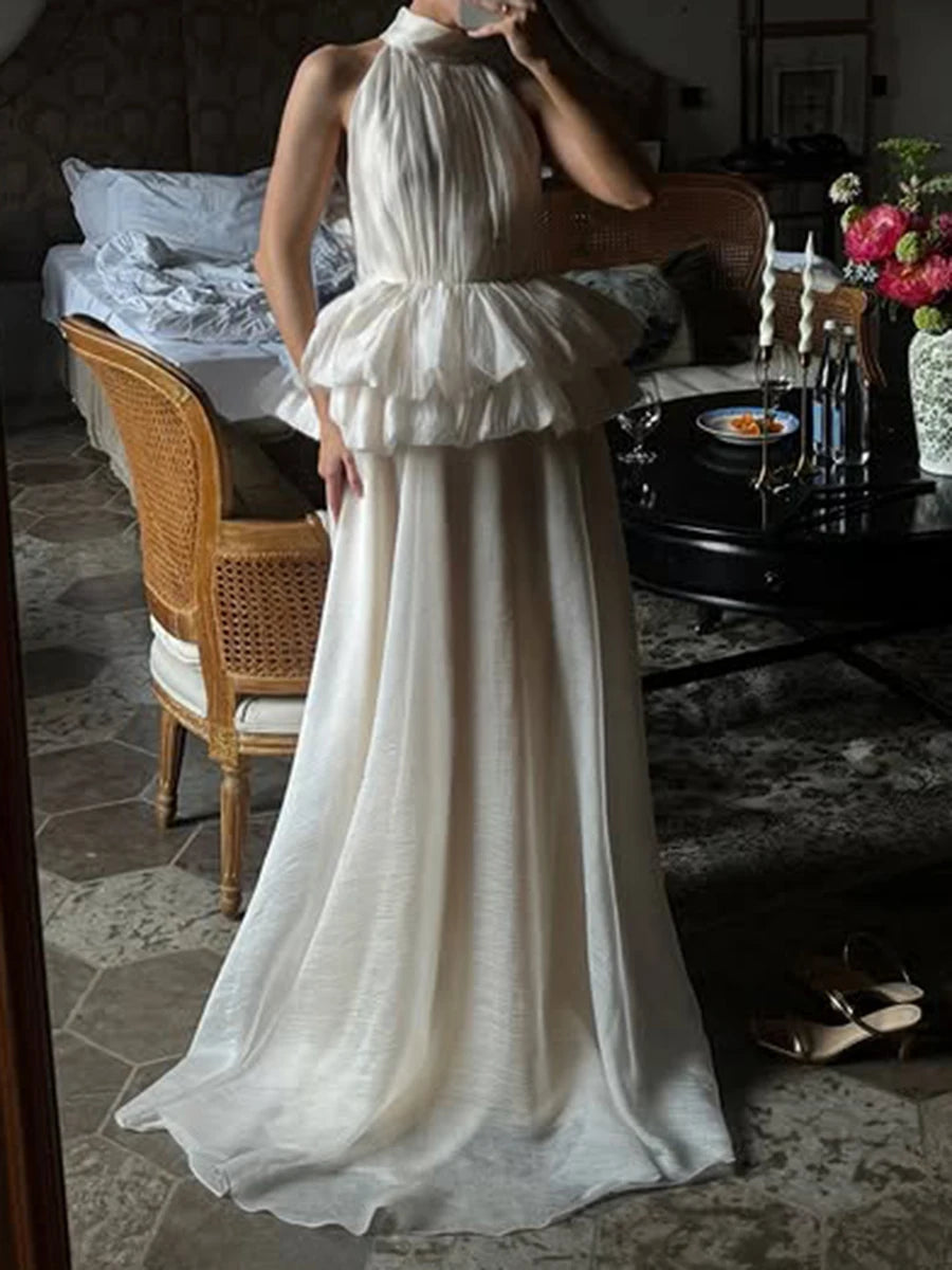 VGH Solide Abend Gespleißt Rüschen Maxi Kleider für Frauen High Neck Ärmellose Tunika Temperament Zeremonie Kleid Weibliche Kleidung.