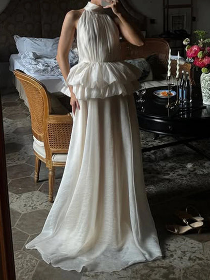 VGH Solide Abend Gespleißt Rüschen Maxi Kleider für Frauen High Neck Ärmellose Tunika Temperament Zeremonie Kleid Weibliche Kleidung.