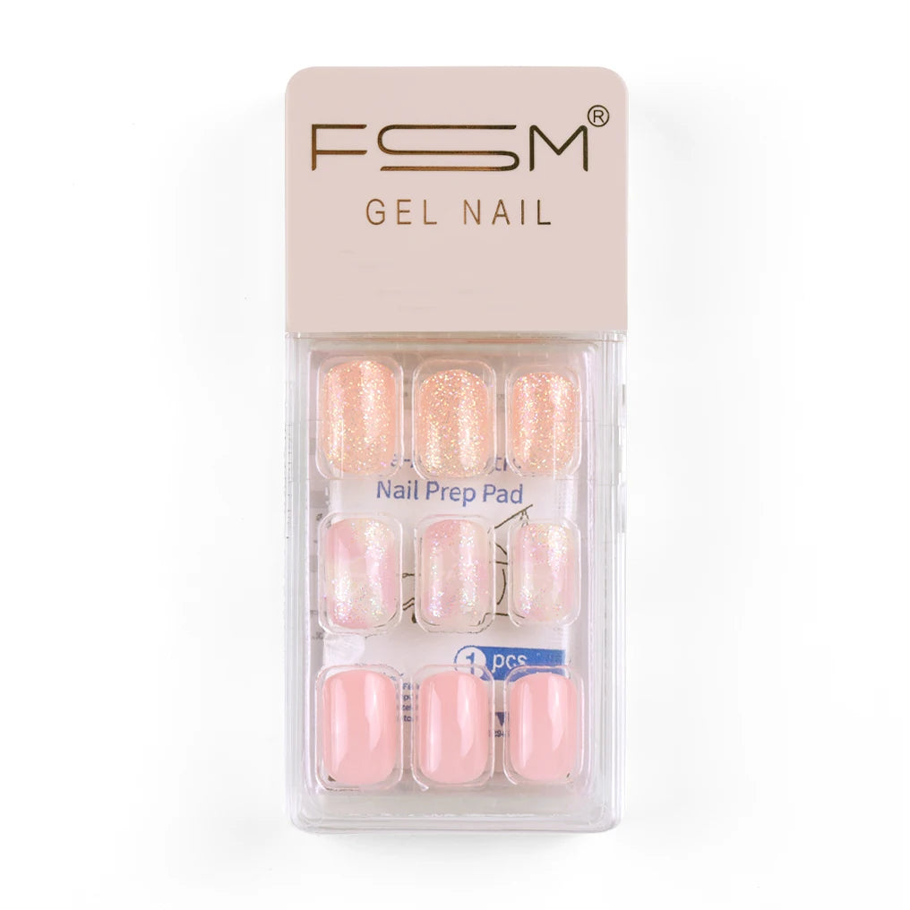 Press on Nails Short Square Fake Nails Designs Nude Glitter Full Cover Stick on Nails Bling Sequins  Nails for Women and Girls.