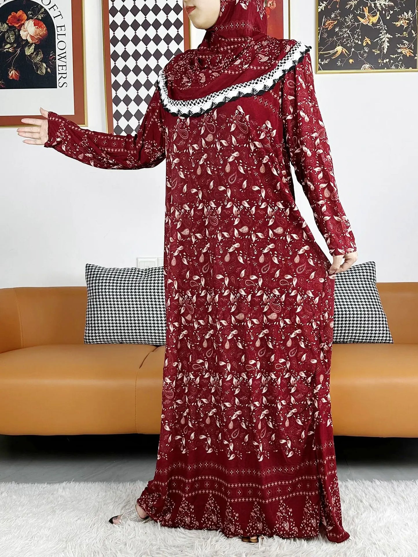 2023 Muslim Solid Cotton Abaya For Women Ramadan Prayer Garment Joint Hat Dubai Turkey Middle East Femme Robe Floral Loose Dress