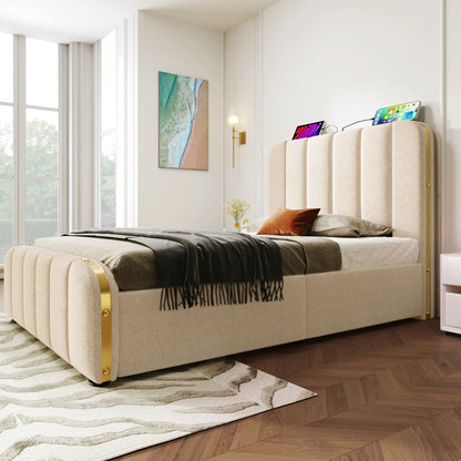 KOMHTOM Polsterbett Einzelbett 90x200 cm- mit goldenen Zierstreifen, USB Typ-C Ladefunktion, Leinen-Material, ohne Matratze