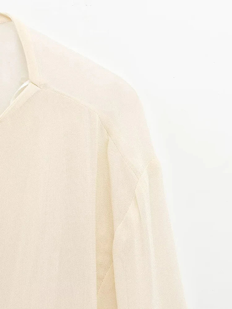 New spring women's clothing European and American style ruffled edge lace-up fake two-piece layered trumpet sleeve shirt.