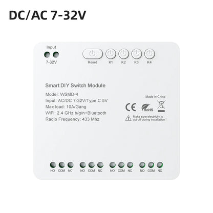AVATTO Tuya WiFi 4-Kanal-Schaltmodul, 7–32 V/85–250 V RF433 Fernbedienungsrelais-DIY-Modul, funktioniert mit Alexa, Google Home, Alice