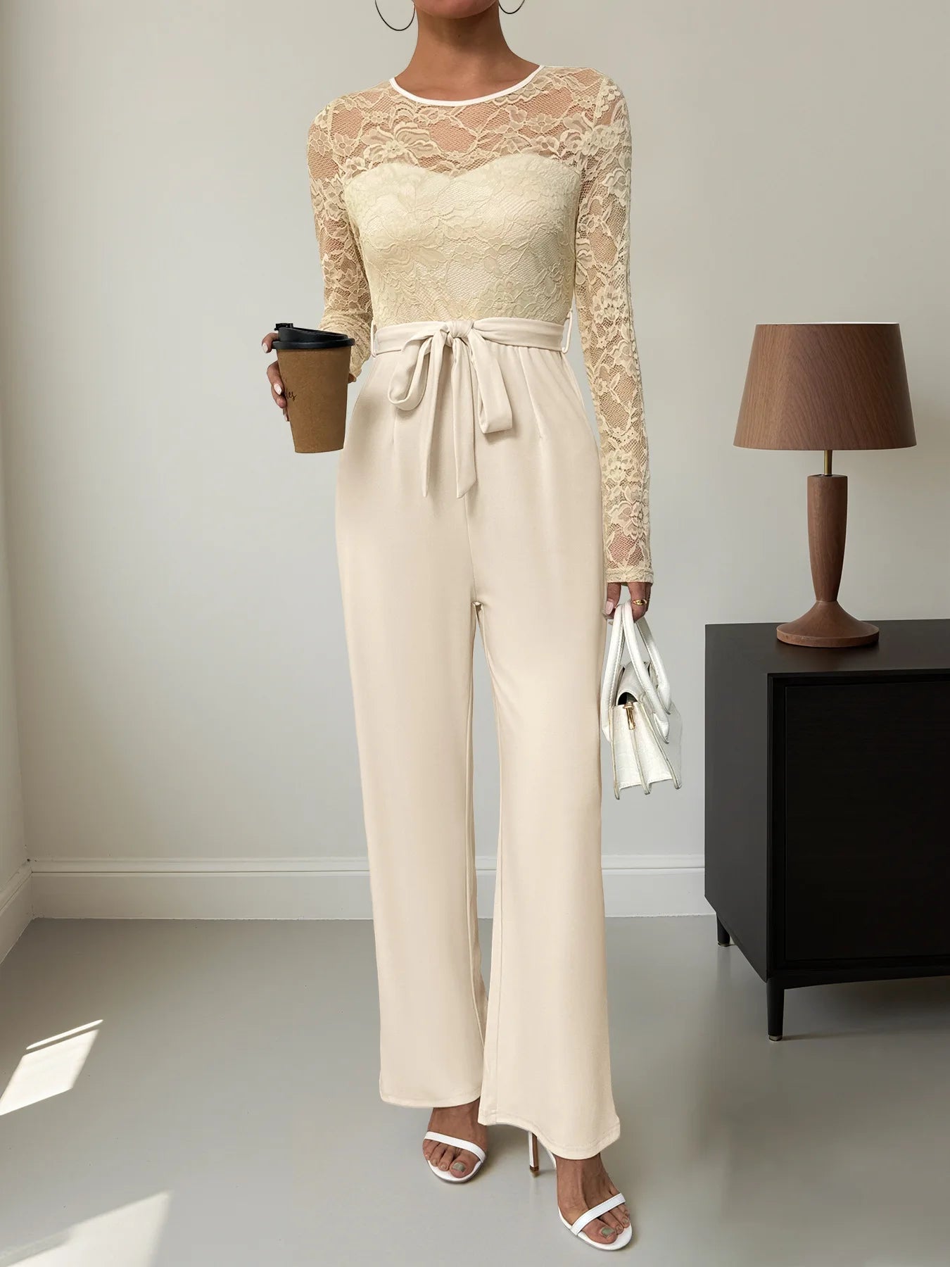 Woman Black Lace Sleeve Jumpsuit Round Neck Belted Waist Ideal for Evening Parties and Cocktail Events