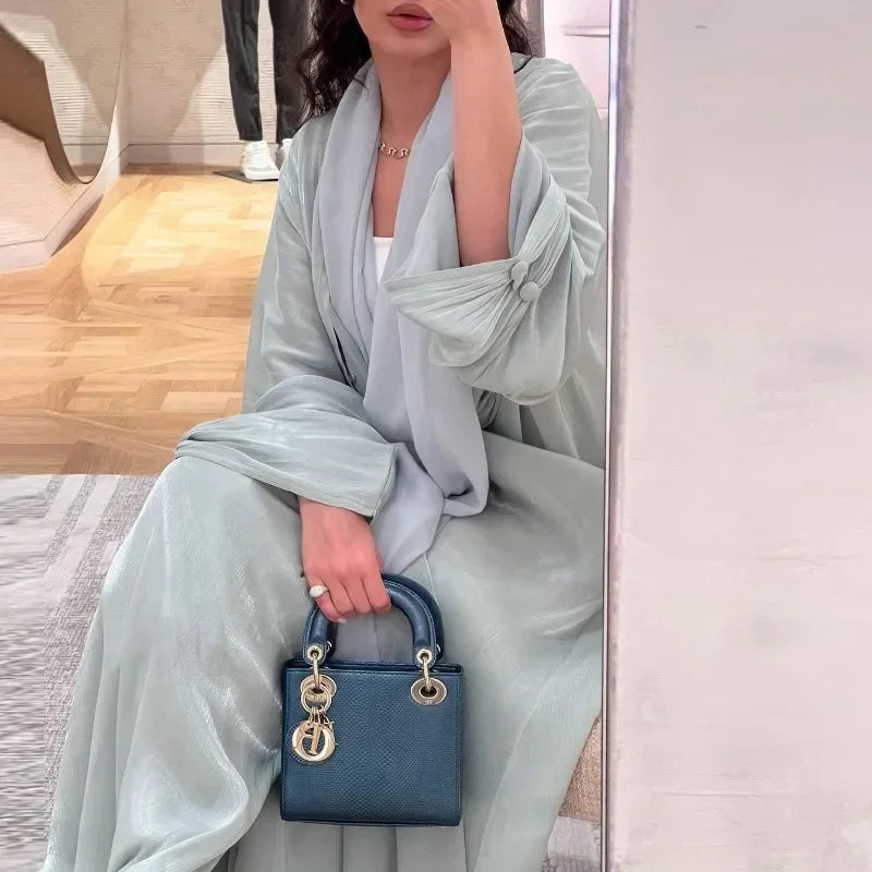 2025 Ramadan Satin muslimischen bescheidenen Kleid arabische Frauen öffnen Abaya Dubai islamische Langarm Cardigan Kleidung Truthahn schlichte Robe.