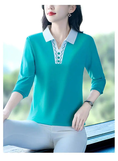 2025 Autumn New Women Clothes Office Lady Simplicity Patchwork Polo-Neck Top Tee Ladies Fashion Loose Buttons Long Sleeve Shirts