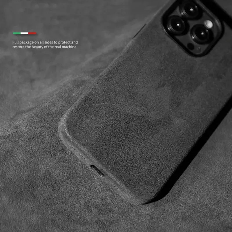 Grey Alcantara Magnetic Attraction Case for iPhone 16 12 13 14 15 Pro Max High-end Imported Suede Metal Lens Protection Cover.