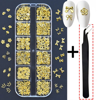 12Grids Moon Star Nails Gold Metallic Nail Sequins Charms 3D Nail Art Tips Decoration  3D Metal Moon Star Sun Bead Rivet Nail Je