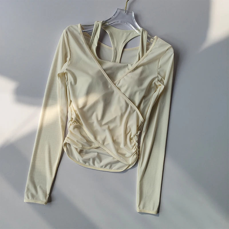 Sexy Mesh Slimming Yoga Suit for Women Gathering Together Sports Bra Fake Two Pieces of Quick Drying Training Pilates Cover Up.