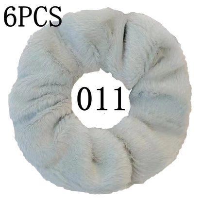 6pc Hair Scrunchies Furry Elastic Band Women Girl Ponytail Holder Rubber Ties Accessories Plush Faux Fur Soft Chiffon Headband