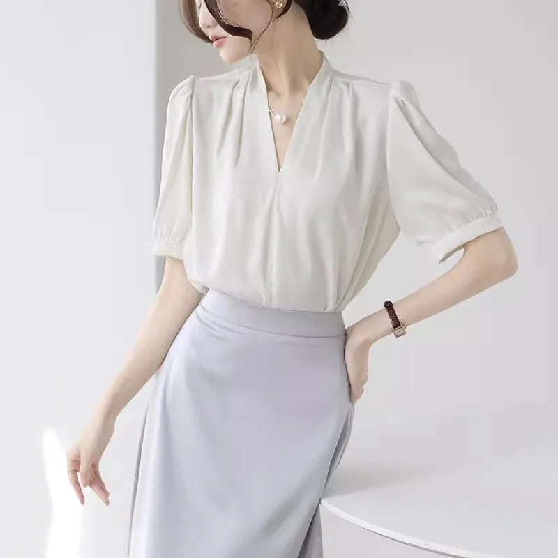 2025 Fashion Summer Short Sleeve V-Neck Women Blouse White Blouse Shirt Women Tops Blouses Shirts Blusas De Mujer Camisas P856.