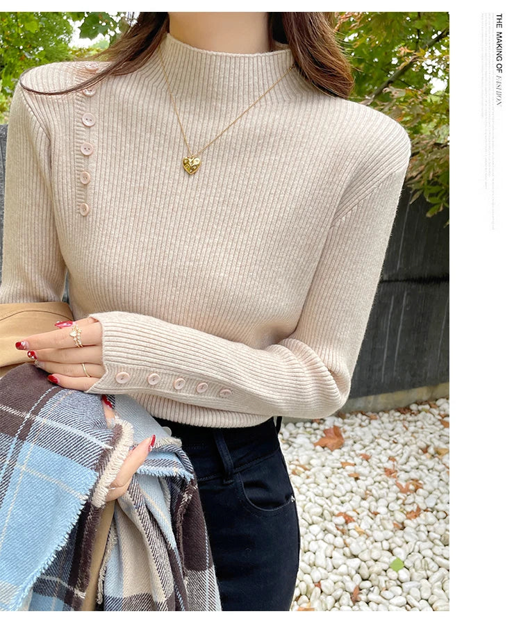 Langarm Beiläufige Dünne Pullover Mode Taste Grundlegende Gestrickte Tops Frauen Rollkragenpullover Koreanische Mode Einfache Chic Kleidung