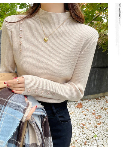 Langarm Beiläufige Dünne Pullover Mode Taste Grundlegende Gestrickte Tops Frauen Rollkragenpullover Koreanische Mode Einfache Chic Kleidung