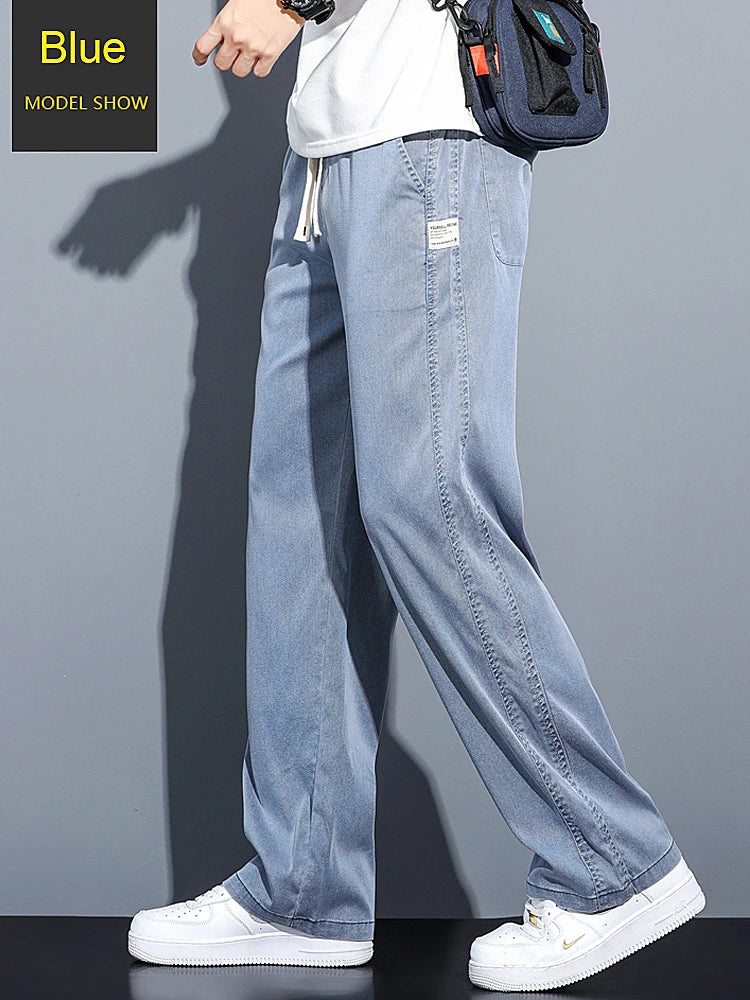 2024 Spring/Summer New Soft Lyocell Fabric Men's Jeans Thin Loose Straight Leg PantsDrawstring Elastic Waist Korean casual pants.