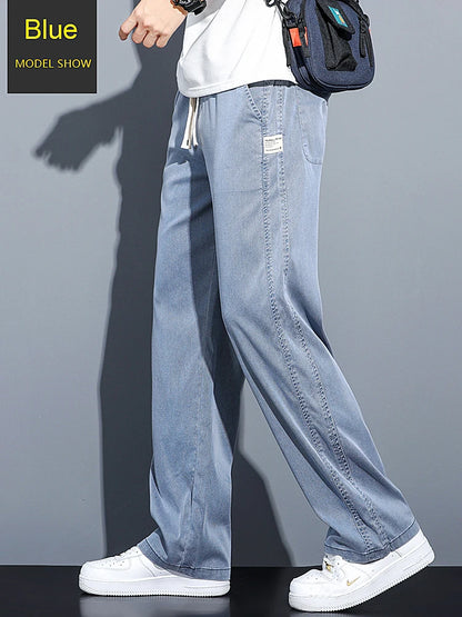 2024 Spring/Summer New Soft Lyocell Fabric Men's Jeans Thin Loose Straight Leg PantsDrawstring Elastic Waist Korean casual pants.