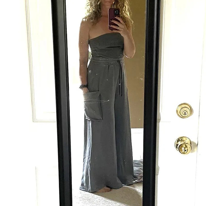 Stylish New Backless Sleeveless Commute Playsuits Women Tube Top Wide Leg Drawstring Rompers Elegant Solid Color Pocket Jumpsuit.