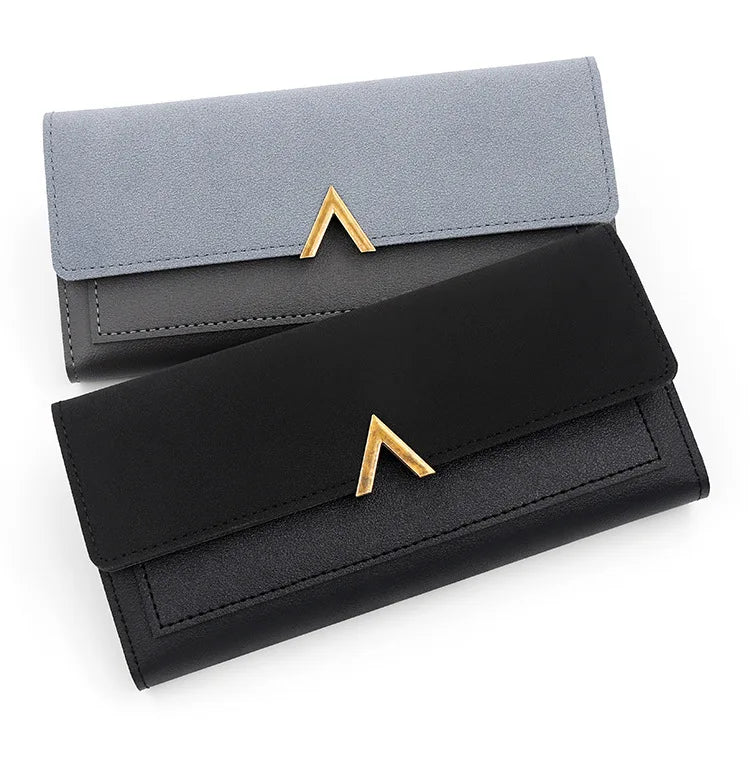 New Korean version women's wallet long V-shaped buckle three fold wallet for women, hand-held bag, change card bag