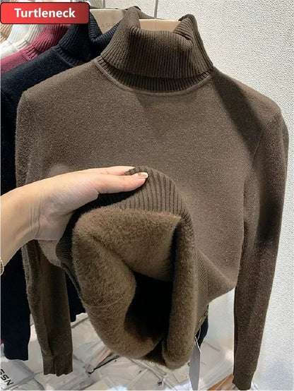 2025 Einteiliger Rollkragenpullover aus Nerz-Samt, verdickt, warme Innenpullover für Damen mit gestricktem Hemdpullover.