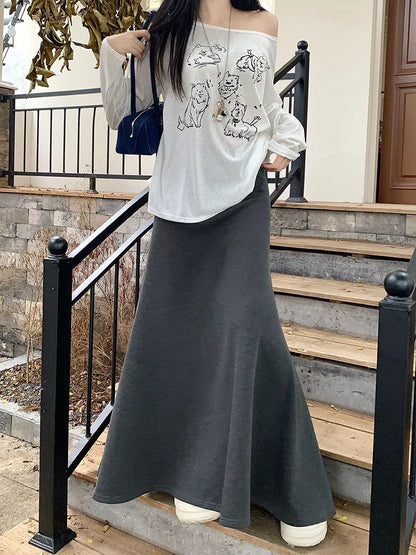 high quality Korean-style  trumpet skirt women waist fall  design knitted long skirt female.