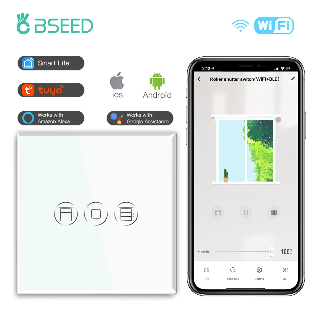 BSEED Wifi Shutter Schalter APP Control Led Smart Blind Serie Weiß Glas Panel Unterstützung Tuya Google Smart Leben Rollladen