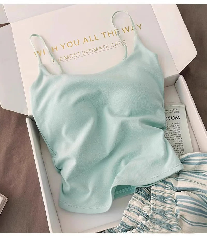 Einfarbiger Pyjama mit Brustpolstern, gestreifte Shorts für Damen, Sommer, dünne Leibchen-Shorts, Loungewear, großer Pyjama, zweiteiliges Set.