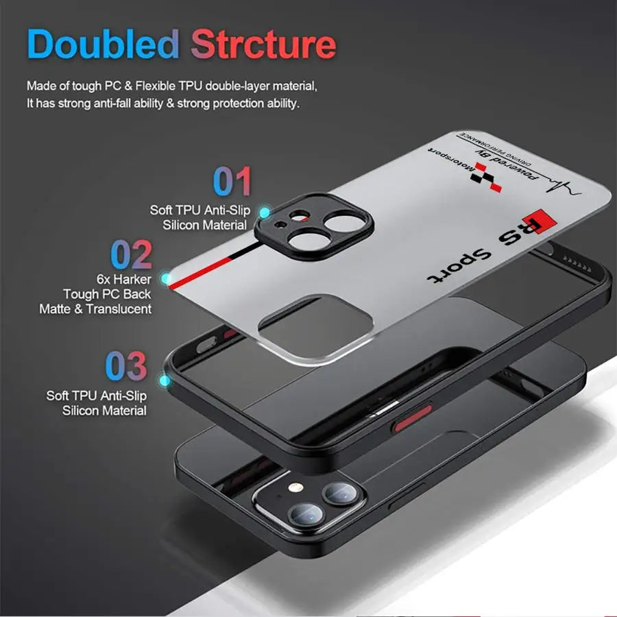 RS Sports AU-Logo Phone Case for iPhone 15 16 Pro Max 14 Plus 12 13 11 Pro Max SE 7 8 14 Pro XR XS Matte Black Edge.