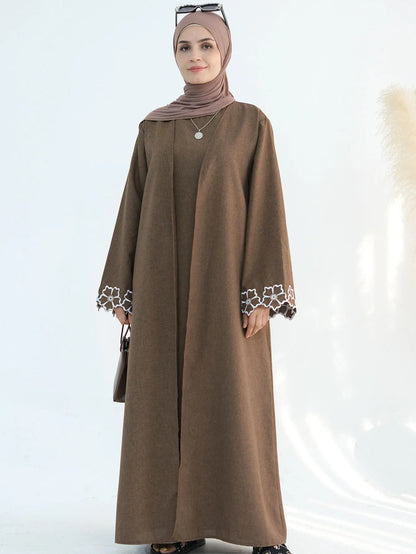 Chic Coffee Color Outer Piece Abaya Geometric Cuff Embroidery Ideal Modern Muslim Women Suitable for Daily/Semi formal Occasion.