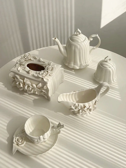 Vintage relief ceramic coffee set, hand-squeezed camellia afternoon tea set, tissue box, creative gift..