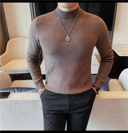 Half Turtleneck Sweater Men with Striped Wool in Autumn Winter Thickened Slightly Loose Base Knitted