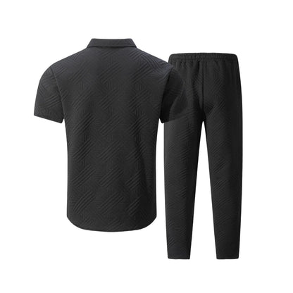 A fashionable and trendy two-piece short-sleeved shirtwithlong pants is perfect for men's daily casual wear in spring and autumn.