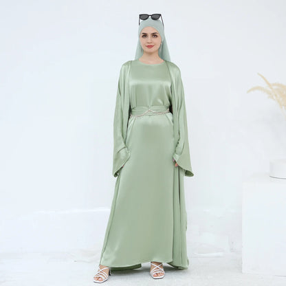 Two Piece Arabic Outfit Set for Muslim Women Elegant Modest Abaya Dress with Inner Ramadan Islamic Coat New Turkish Kaftan Robe