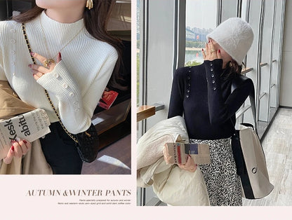 Langarm Beiläufige Dünne Pullover Mode Taste Grundlegende Gestrickte Tops Frauen Rollkragenpullover Koreanische Mode Einfache Chic Kleidung.