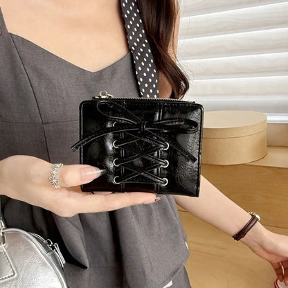 YK2 Strap Bow Women Wallets Short Wallets Card Holder Folding Zipper Coin Purse Girl PU Leather Coin Pouch Casual Clutch Bag.