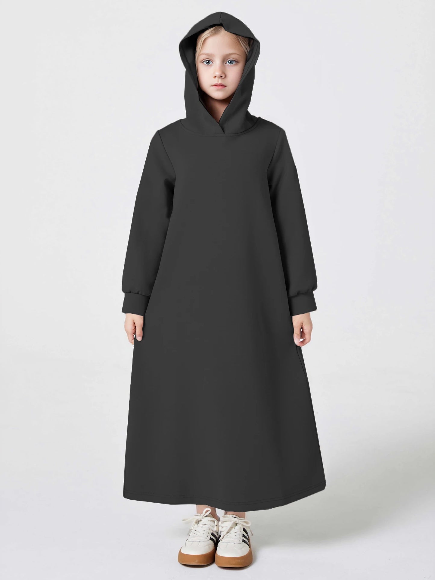 Ramadan kebaya Muslim Girls Abaya Middle East Autumn and winter solid color warm hoodie V-neck Hooded Loose Kids Kebaya Dress.