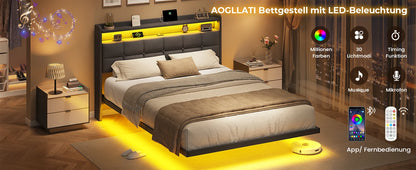140 x 200 cm großes Polsterbett mit Doppelbettrahmen und LED-Beleuchtung und Ladestation. Kopfteil inklusive schwebendem Bettdesign