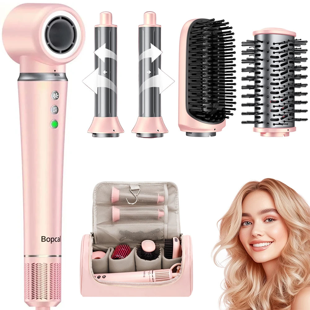 5 in 1 High-Speed Hot Air Styler Frizz-Free Fast Drying No Heat Damage Hair Dryer Curl Volumize Straighten with Travel Bag.