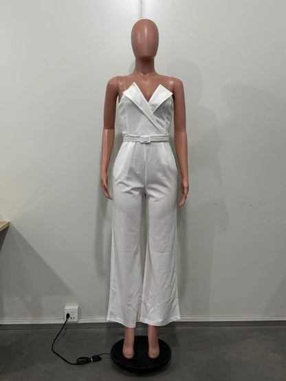 CM.YAYA Women Wide Leg Strapless V-neck Sleeveless Jumpsuits 2025 Summer OL Beach Night Club Party Street One Piece Suit Romper.