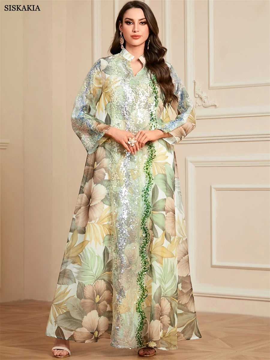 Siskakia Ramadan Dubai Floral Print Long Dress Sequins Patchwork Abayas Mesh Kebaya For Muslim Women's Casual Loose Clothing.