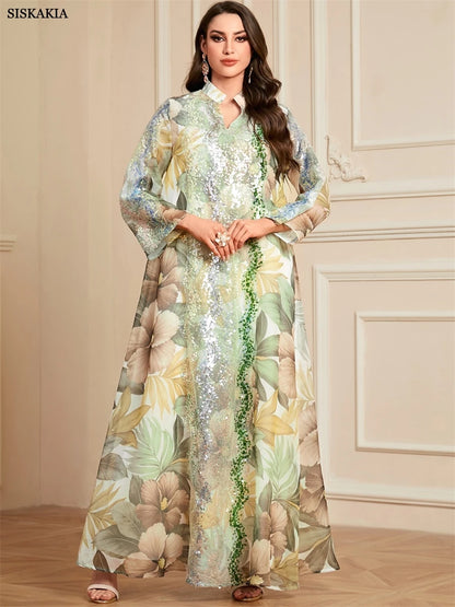 Siskakia Ramadan Dubai Floral Print Long Dress Sequins Patchwork Abayas Mesh Kebaya For Muslim Women's Casual Loose Clothing.