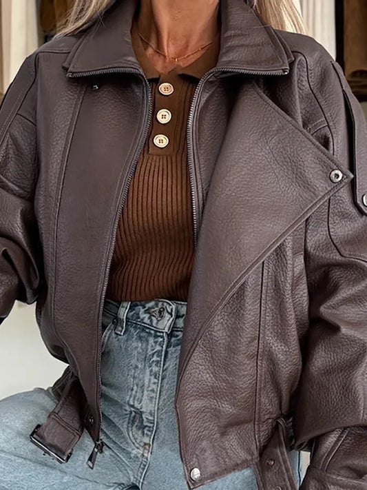 Mode Straße Einfarbig Oberbekleidung Kleidung Vintage Büro Lange Ärmeln Frauen Jacke Neue 2025, Herbst Revers Zipper Leder Mantel.