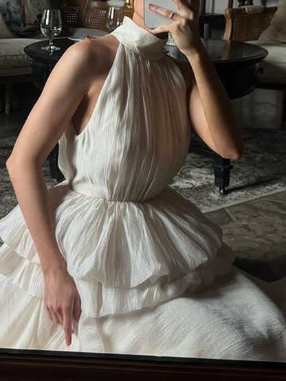 VGH Solide Abend Gespleißt Rüschen Maxi Kleider für Frauen High Neck Ärmellose Tunika Temperament Zeremonie Kleid Weibliche Kleidung.