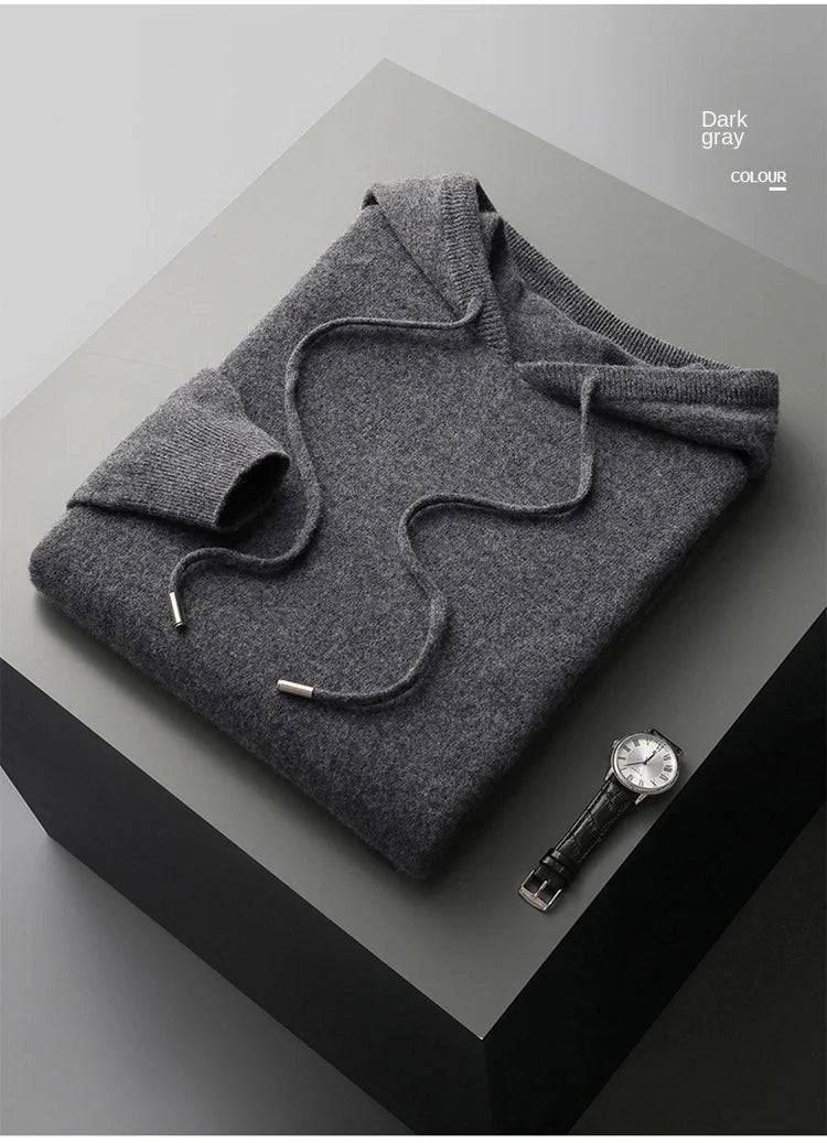 100% Cashmere Sweater Men's Ready-To-Wear Hooded Knitted Pullover Autumn Winter Long Sleeved Sweater Casual Sports Hoodie Top